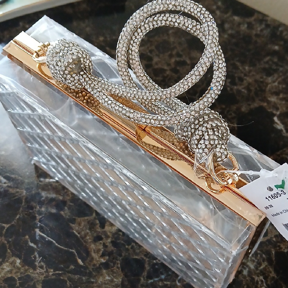 NWT Elegant Clear Clutch with Gold Accents